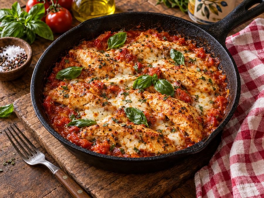 Frigideira de ferro com frango ao molho de tomate, queijo derretido e manjericão