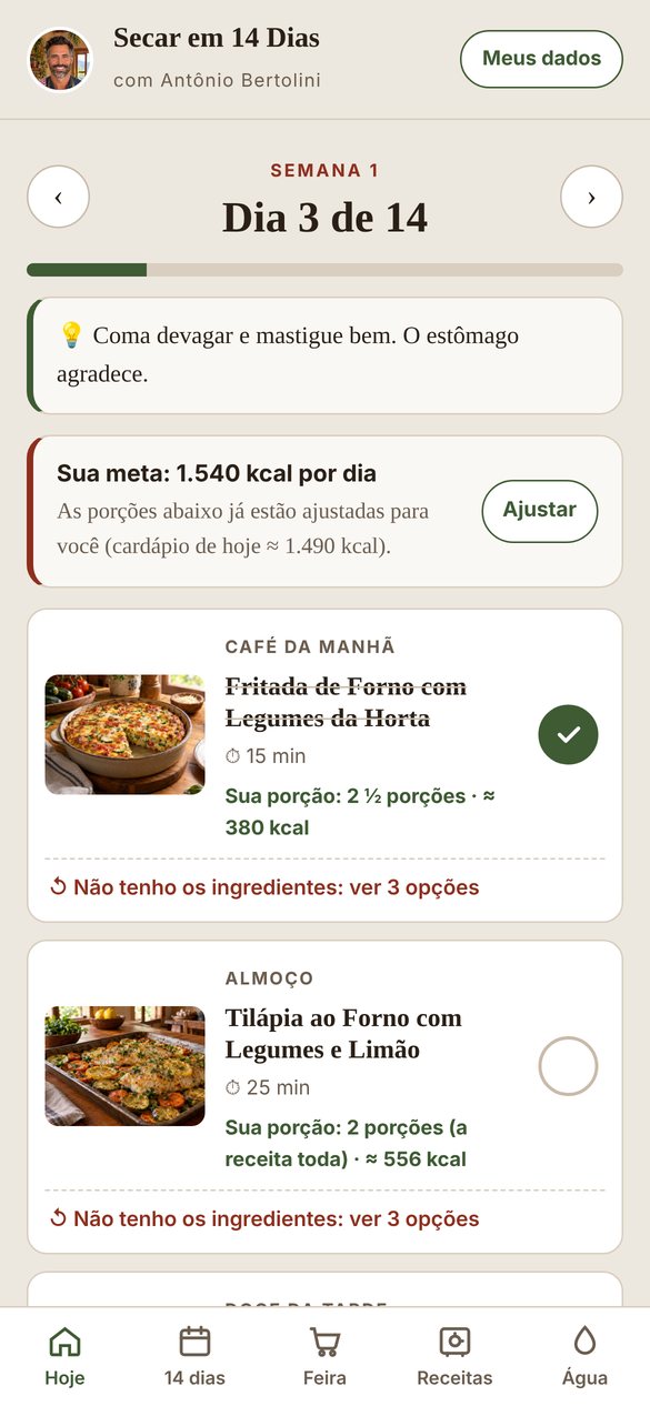 Tela do aplicativo mostrando o cardápio do dia 3 com as porções de cada refeição