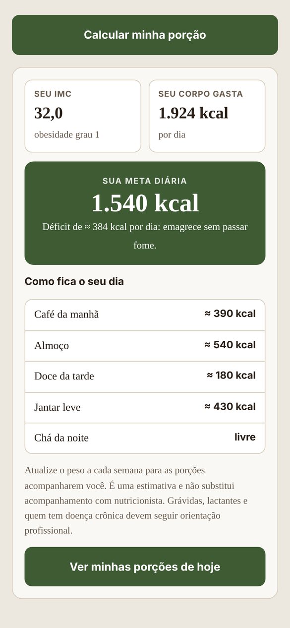 Tela com a meta diária de calorias calculada e a divisão por refeição