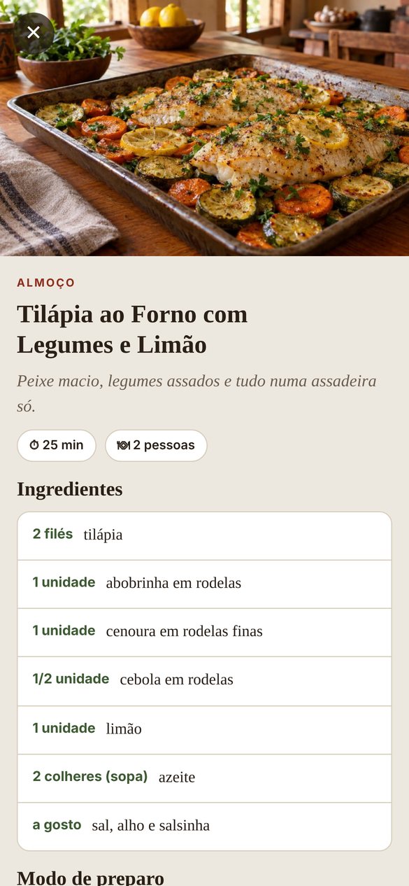 Tela de receita com foto da tilápia ao forno, tempo de preparo e ingredientes