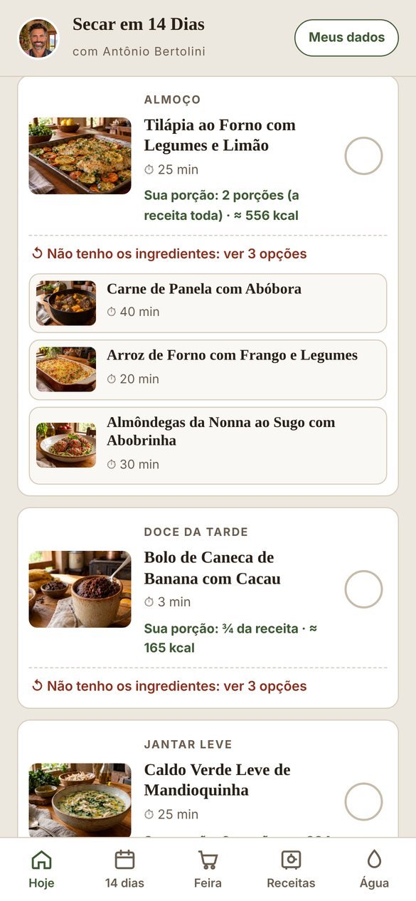 Tela com 3 opções para trocar a refeição do dia