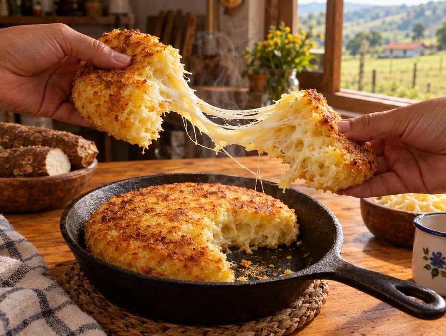Pão de mandioca de frigideira aberto ao meio com queijo derretido