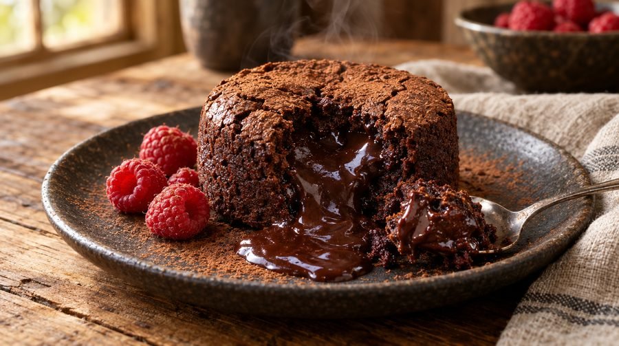 Brownie redondo de cacau aberto com chocolate cremoso escorrendo do centro