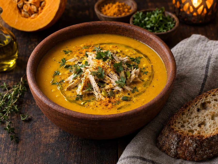 Tigela de barro com creme de abóbora e frango desfiado